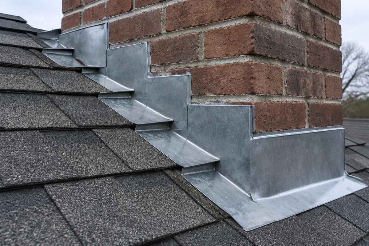 Step flashing and counter flashing where shingles meet a brick chimney