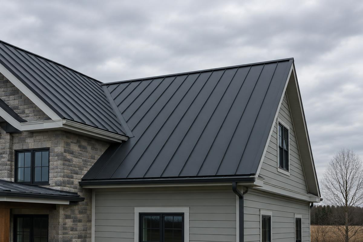 Charcoal standing seam metal roof with raised vertical seams